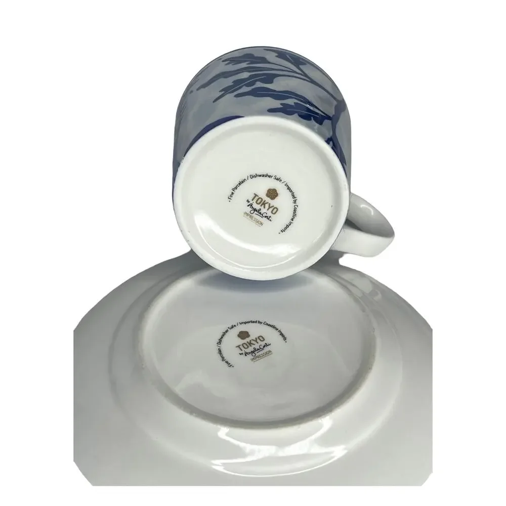 Asian Coffee Tea Cup Saucer Set Tokyo Angela Corti Porcelain Blue White Vtg